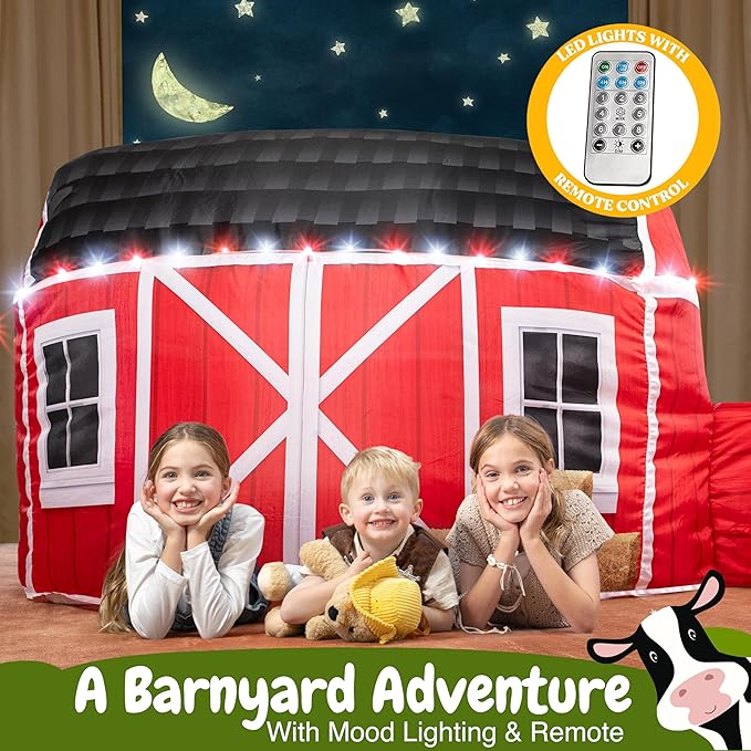 W&O Farmhouse Barn Aerodome with LED Lights & Farm Sound Button ??Inflatable Farm Play Tent ??Kids Play Tent Indoor ??Sets Up in Seconds for Ages 3-12 (Fan Not Included)