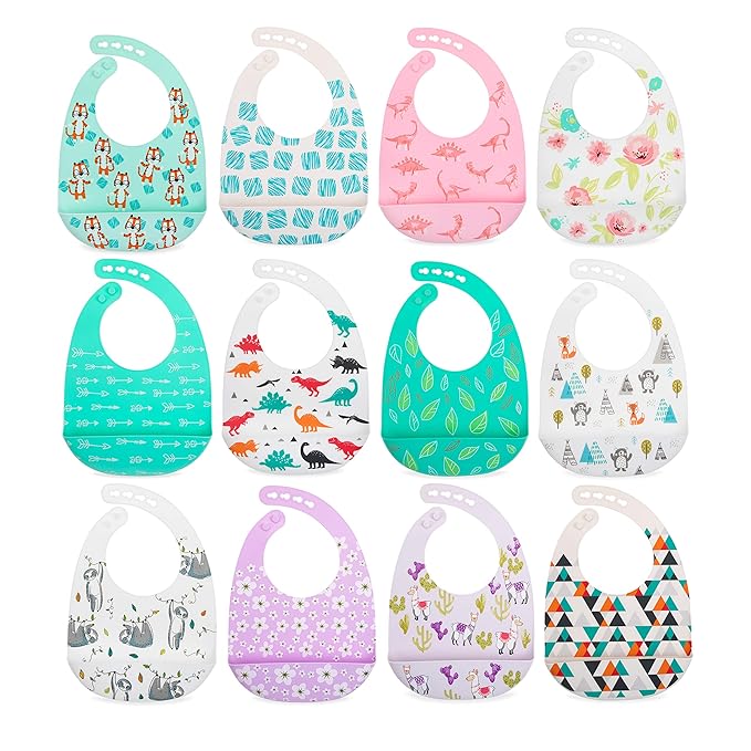 Nuby 2 Pack Adjustable Easy Clean Soft Silicone Bibs with Scoop, Triangles & Dinosaurs