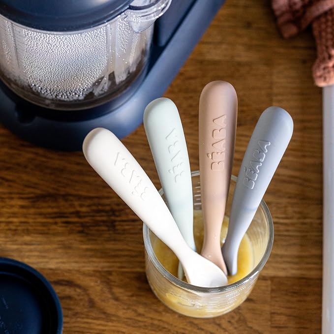 BEABA First Stage Baby Feeding Spoon Set, The Original Soft Tip Silicone Spoons for Babies, Gum Friendly BPA Lead Phthalate and Plastic Free, Great Gift Set (4 Pack), Natural