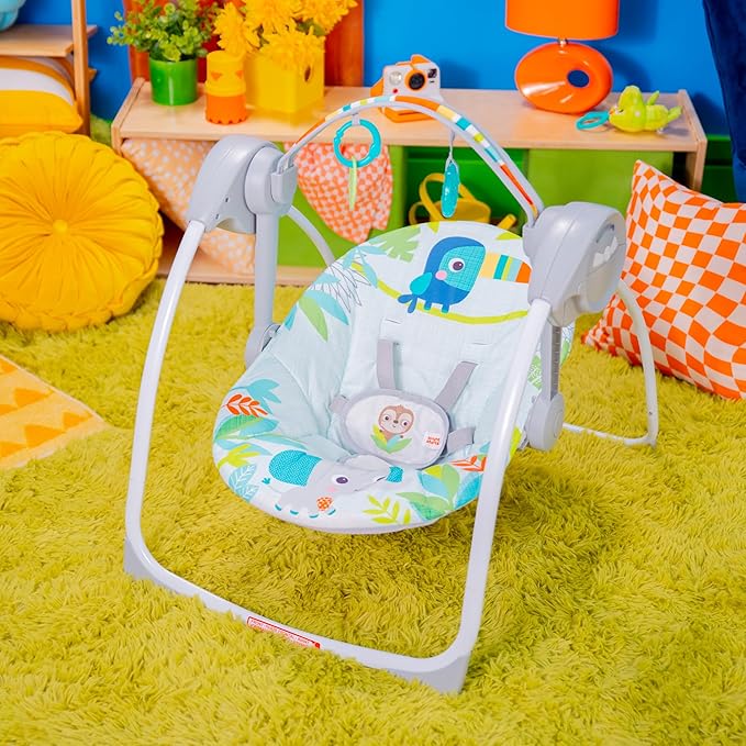 Bright Starts Portable Automatic 6-Speed Baby Swing with Removable -Toy Bar, 0-9 Months 6-20 lbs (Rainforest Vibes)