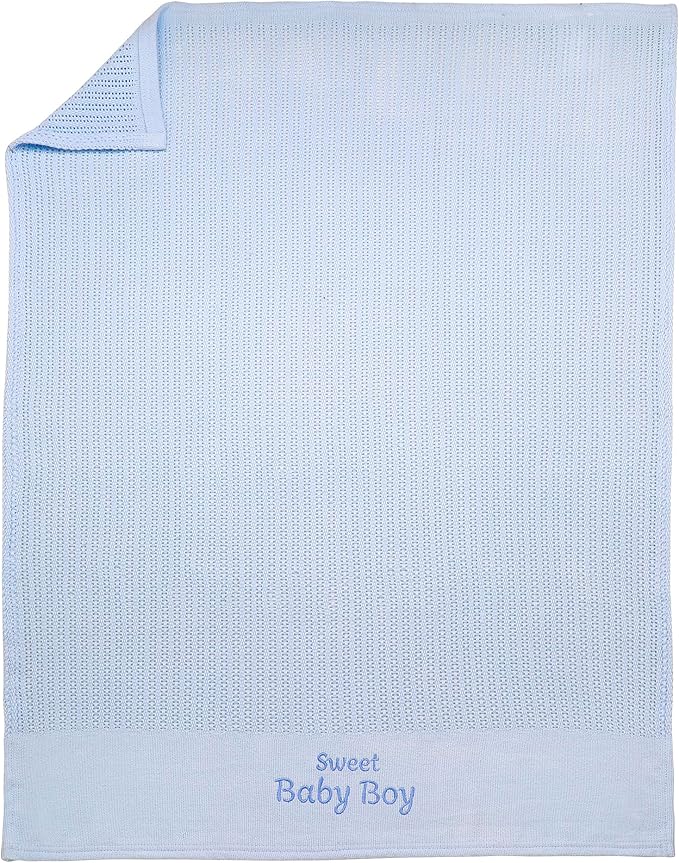 Cotton Knit Baby Blanket with Embroidery, Sweet Baby Boy, 30 in. x 40 in., Blue