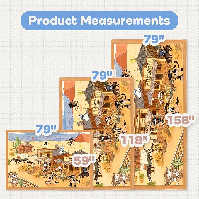 1.5" Thick Educational Large Baby Floor Play Mat 79x118, Flannel Padded Memory Foam Kids Mat, Non-Slip Plush Playmat for Nursery Playroom Classroom (Western Cowboy)