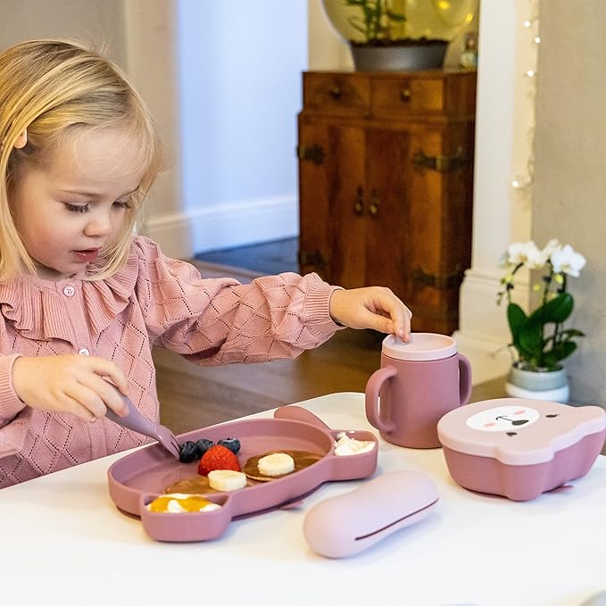 TUM TUM Suction Bowl for Baby, Toddler Bowl with Lid & Spoon, for Babies & Toddlers 6 Months+, BPA Free Silicone Baby Feeding Set, Microwave/Dishwasher/Freezer Safe, Betsy Bear, Pink