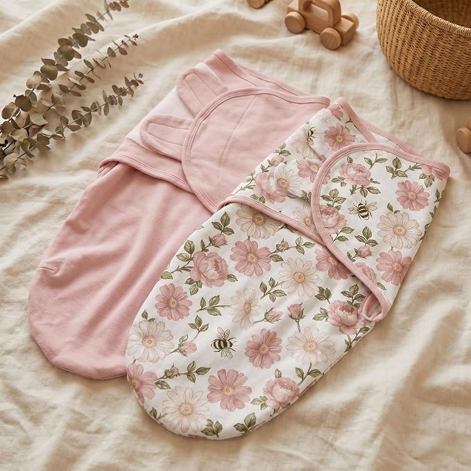Baby Swaddles for Newborn Organic Cotton, Soft & Snug Newborn Velcro Swaddle 0-3 Months Sleep Sack Helps Calm Startle Reflex, 2-Pack Wrap Nursery Swaddling Bloom Floral