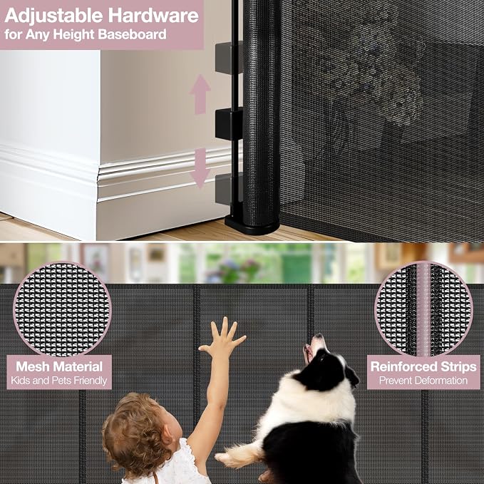 Reinforced 72" Wide Retractable Baby Gates with Support Rods - Prevent Crawling Under Retractable Gate, Mesh Dog Gate for Stairs Extra Long Baby Gate for Doorway, Long Dog Gate Indoor/Outdoor, Black