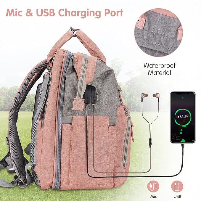 DERJUNSTAR Diaper Bag Backpack ??Large Capacity Baby Diaper Bag with Changing Pad for Dad and Mom, Waterproof Travel Backpack, Multi-Function Bag with USB Charging Port, Rose Pink