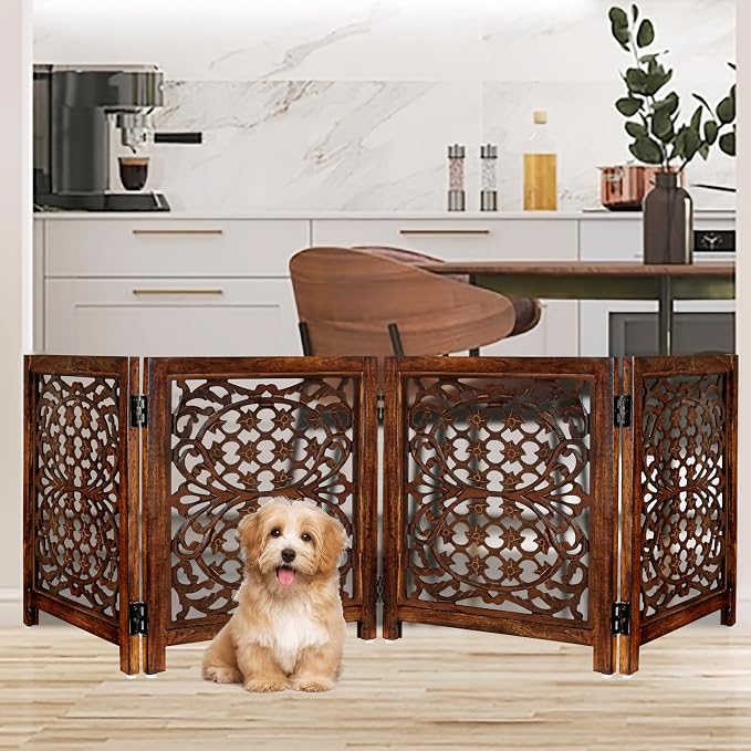 Lightnpro 4 Panel Wooden Dog Gate - 72 Inch Extra-Wide Freestanding Pet Fence - Foldable Indoor Safety Barrier for Small Dogs for Stairs, Doorways & Hallways β Natural Burnt (24x18 Inch Panels)