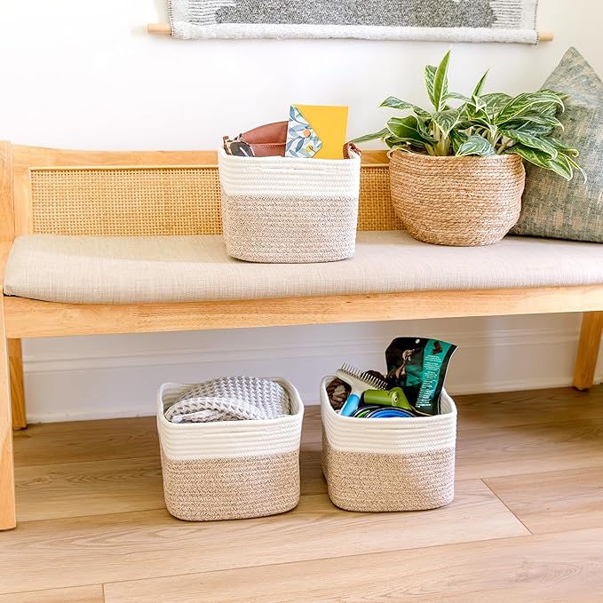 NaturalCozy Storage Cubes 9?�x9?�x7?�Cotton Rope Woven Baskets for Organizing 3-Pack | 9 Inch Cube Storage Bin | Small Basket for Shelf Nursery, Pantry, Decorative Plant, Bathroom Closet, Toy Gift
