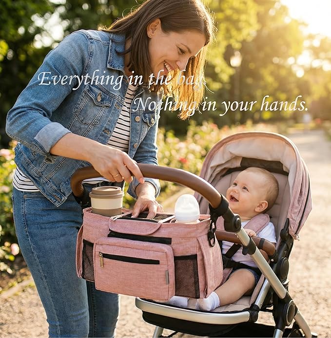 Universal Stroller Organizer, Pink - 2 Insulated Cup Holders - Non-Slip Stroller Caddy Bag - Detachable Phone Pouch - Fits Uppababy, Nuna - New Mom Essentials