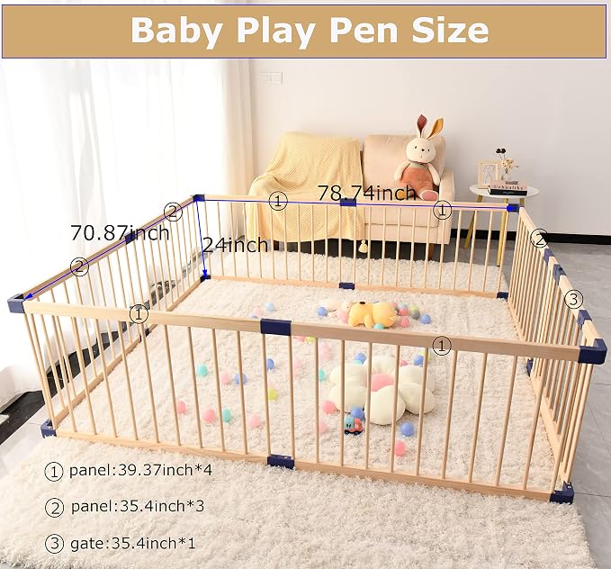 Baby Playpen,Wooden Playpen, Large Kids Play Fence,Play Center Yard,Indoor & Outdoor Safety Play Area,Kids Safety Activity Center Playard w/Locking Gate for Toddler & Babies (70.86Inx78.74Inx24In)