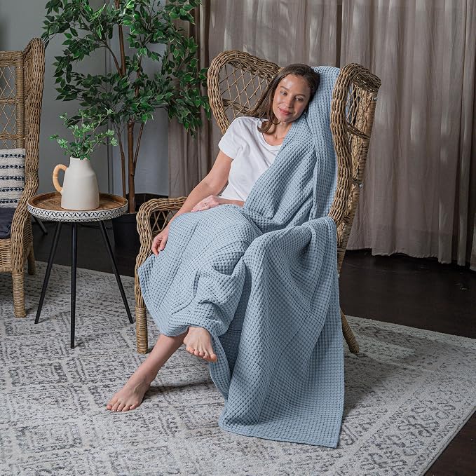 Comfy Cubs Waffle Blanket Queen, 90" x 90" - 100% Cotton Lightweight Breathable Bed Blanket - Soft Textured Thermal Weave for All Seasons – Decorative Cozy Layer for Couch, Sofa, or Bed - Pacific Blue
