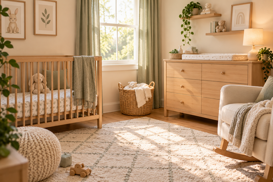 Small organized nursery with open space and neatly stored baby essentials