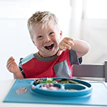 ezpz Happy Mat (Blue) - 24 Months+ - 100% Silicone Suction Placemat + Divided Plate with Three Compartments - Toddler + Preschool Essentials