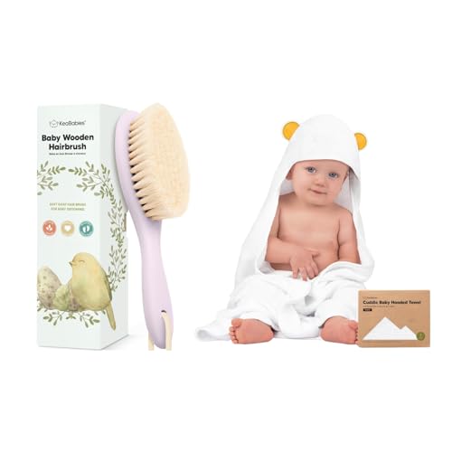 KeaBabies Baby Hair Brush and KeaBabies Baby Hooded Towel - Wooden Brush with Soft Goat Bristles, Soft and Absorbent Bath Towel Rags for Kids, Cradle Cap Hairbrush