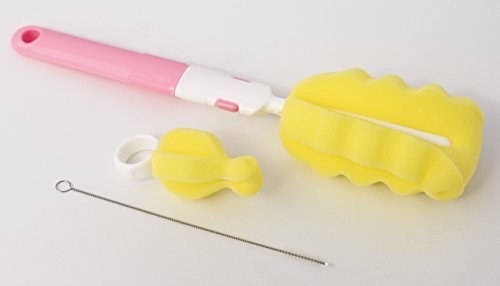 MoomooBaby Triple Baby Bottle Cleaner Brush Set - Includes Baby Bottle Brush Cleaner, Nipple Brush & Straw Cleaning Brush - Eco-Conscious Plastic Handle with Non-Slip Grip, Replaceable Sponges - Pink