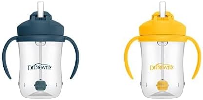 Dr. Brown's Milestones Baby's First Straw Cup, Training Cup with Weighted Straw, 9 oz/270 mL, BPA-free, 6m+, Dark Blue/Vintage Yellow, 2-Pack