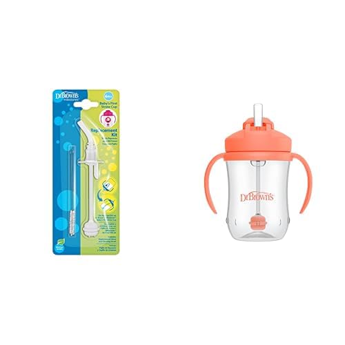 Dr. Brown's Baby's First Straw Cup Replacement Kit One and Cleaning Brush, BPA & Milestones Baby’s Cup, Training Weighted Straw, Coral, 6m+