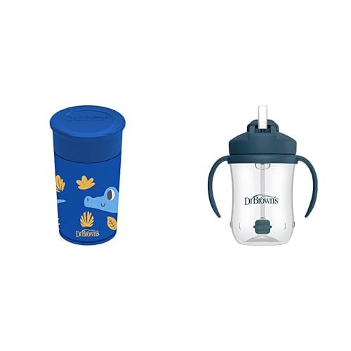 Dr. Brown's Milestones Cheers 360 Cup Spoutless Transition Cup, Travel Friendly & Leak-Free Sippy Cup Baby’s First Straw Training Weighted Straw, Dark Blue, 6m+
