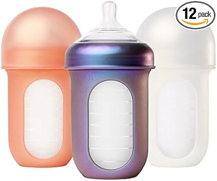 Boon Nursh Reusable Silicone Pouch Baby Bottles - Medium Flow Nipple - Silicone Baby Bottle Pouch and Nipple-Baby Feeding Essentials - Metallic - 3-6 Months- 8 Ounce (Pack of 36)