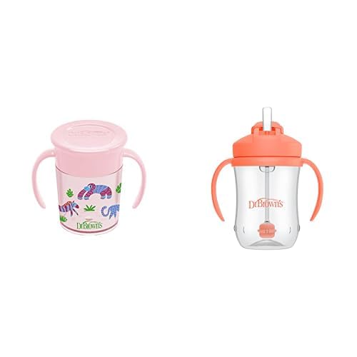 Dr. Brown's Milestones Cheers 360 Cup Spoutless Transition Handles for Easy Grip and Leak-Free & Baby’s First Straw Cup, Training Weighted Straw, Coral, 6m+