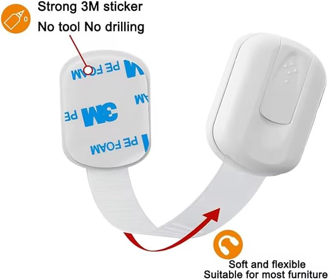 Premium Baby Safety Cabinet Locks (10 Pack) – Adjustable Child Proof Straps with Strong Adhesive – No Drill Easy Install – Secure Cabinets, Drawers, Fridge & Toilet – White