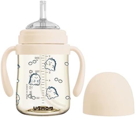 UBMOM No-spill, Backflow prevention Sippy Cup with Straw, PPSU Learner Cup with Handle for Baby and Toddlers, BPA free, 6.76oz (Daino_Beige)