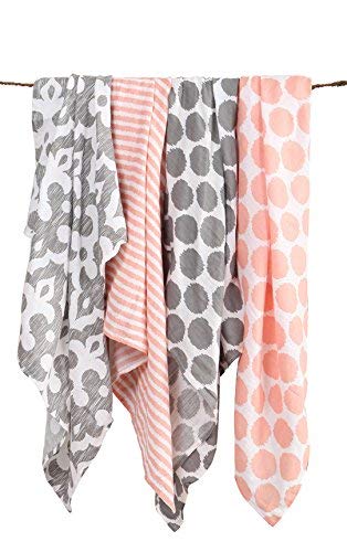 Bacati Ikat Coral/Grey Dots/Stripes Swaddling Muslin Blankets Set of 4