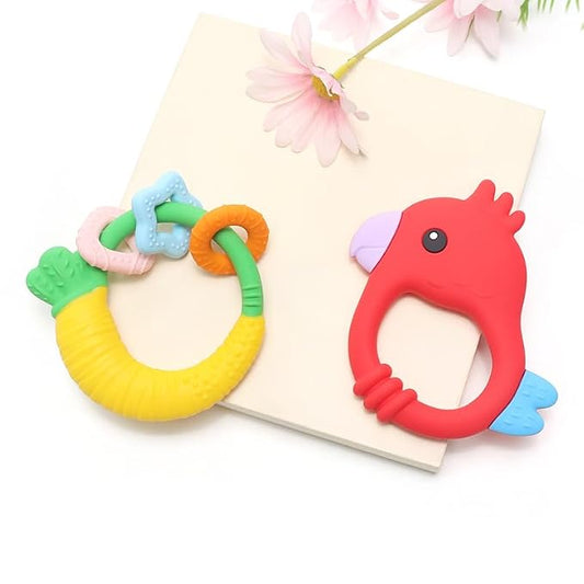 Baby Teether with Easy-Hold Handle, Silicone, BPA-Free, Soothe Sore Gums, Textured for Sensory Development, Teethable Surfaces - Baby Teething Toy for 3 Months & Up (Raddish and Bird)