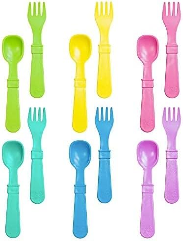 Re-Play Toddler Forks and Spoons Set - 6x6 Utensils Set for Kids - Dishwasher and Microwave Safe - Made in USA - Set of 12-5.8" x 1.2" x 0.2" - Sorbet