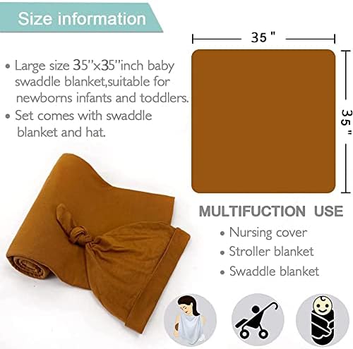 Cotton Knitted Baby Swaddle Blanket with Hat Headband Set Newborn Swaddle Wrap Receiving Blankets for Baby Girl Boy 35" x 35"(Lightblue)