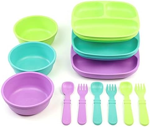 Re-Play Toddler Dinnerware Set - 3 Divided Plates, 3 Snack Bowls & 3 Fork and Spoon Sets - BPA-Free Kids Tableware - Dishwasher Safe - Made in USA from Recycled Materials, Mermaid