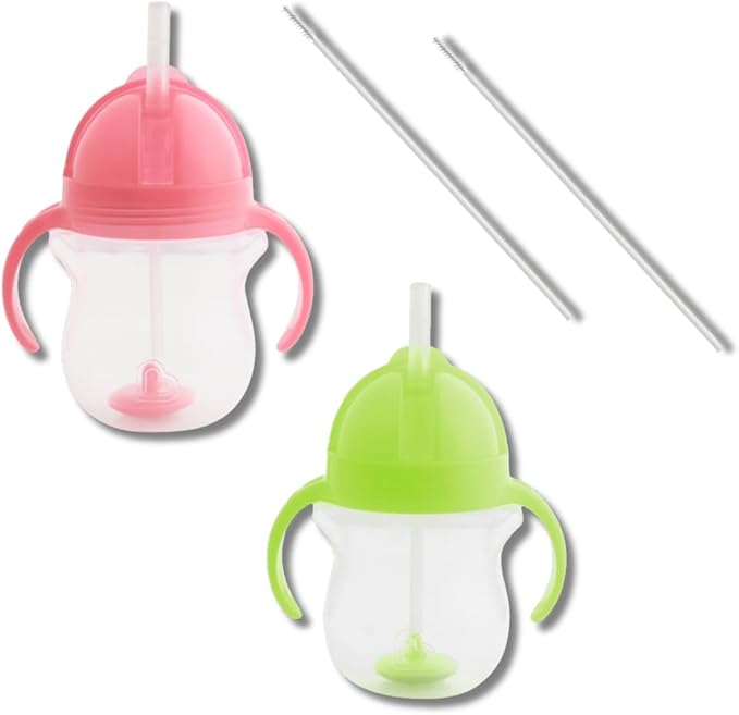 Munchkin Weighted Straw Sippy Cups for Toddlers 7oz, Leak Proof, Easy to Hold-Great toddler cups with straws, Supports Straw-use Education, Straw Cups (Pink/Green)