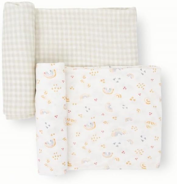 Little Unicorn Large Stretch Knit Swaddle Blanket 2 Pack| Super Soft with Optimal Stretch for swaddling | Giftable Set (Rainbows)