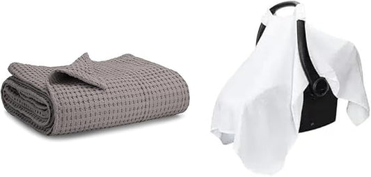 Comfy Cubs Waffle Weave Blanket and Muslin Cotton Baby Car Seat Cover Bundled