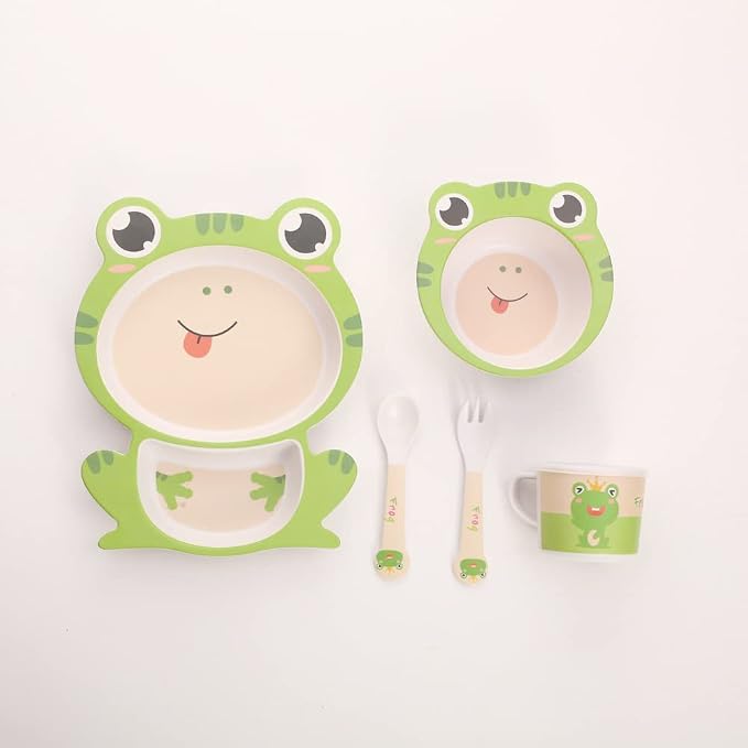 Kids Dinnerware Set Bamboo 5 Pcs with Plate Bowl Cup Fork Spoon (Frog)