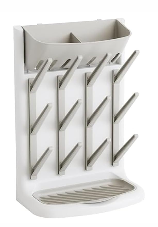 GoMaihe Baby Bottle Drying Rack: Space Saving Vertical Bottle Dryer Holder - The Large Top Compartment Storage Stand Organize Brushes Pacifiers on Countertop - BPA-Free - Gray