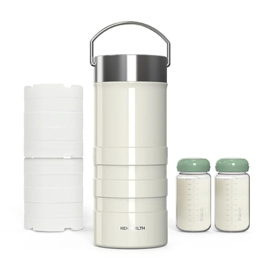22oz Full-Day Cold-Chain Breastmilk Cooler, Double-Wall Vacuum Stainless Steel with 360° Cooling, Keeps Milk ??0°F for 24 Hours, Leak-Proof BPA-Free, Easy to Clean, Includes 2 Bottles
