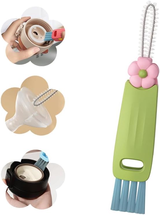 Moonboat 3 in 1 Cup Lid Cleaning Brush, 2024 New Portable Crevice Cleaning Brush Set for Baby Bottle Gap Tight Spaces Cup, Rotatable Cup Lid Cleaner Cup Mouth Scrubber, A-green