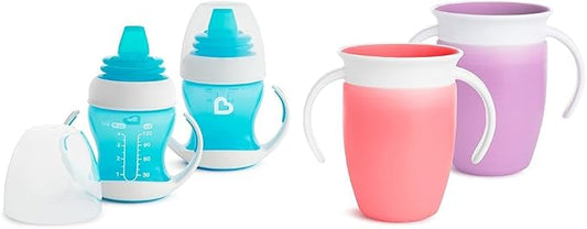Munchkin® Gentle™ Transition Sippy Trainer Cup, 4 Ounce, 2 Pack, Blue & Miracle® 360 Trainer Sippy Cup with Handles, Spill Proof, 7 Ounce, 2 Pack, Pink/Purple
