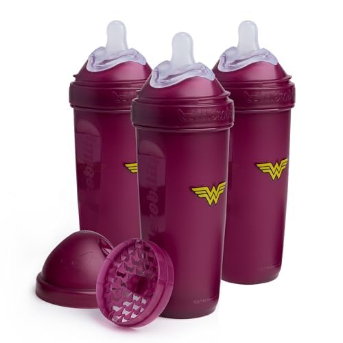 Herobility Anti-Colic Baby Bottles 12 fl oz/340ml - Pack of 3 Plastic Baby Bottles, Fast Flow Plastic Bottles, Breast-Shaped Teat for Breastfed Babies, Small Baby Bottles, Swedish Design, Wonder Woman