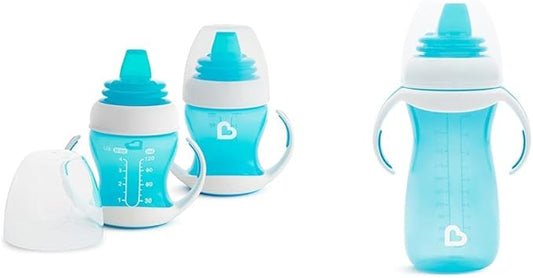 Munchkin® Gentle™ Transition Sippy Trainer Cup, 4 Ounce, 2 Pack, Blue & Gentle™ Transition Sippy Cup with Trainer Handles, 10 Ounce, Blue