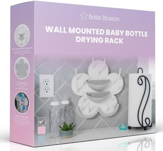 The Bottle Blossom- Wall Mounted Baby Bottle Drying Rack for Bottles, Cups, Sippy Cups, Vertical Wall Hanging, Space Saving, Large Capacity Baby Essential, 2 Adhesive Hooks Included (Gray)