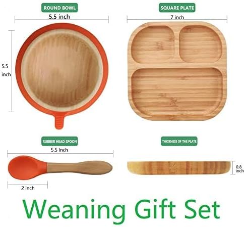 Baby Toddler Stay Put Dish, Kids Suction Plate & Bowl & Spoon, Bamboo Cute Tableware (Green Set)