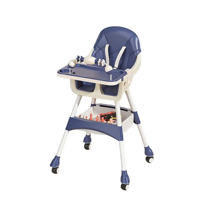 Portable Baby High Chair for Babies & Toddlers, Easy-Clean Multi-Use Feeding Chair with Lockable Wheels & Toy Storage Basket-Blue