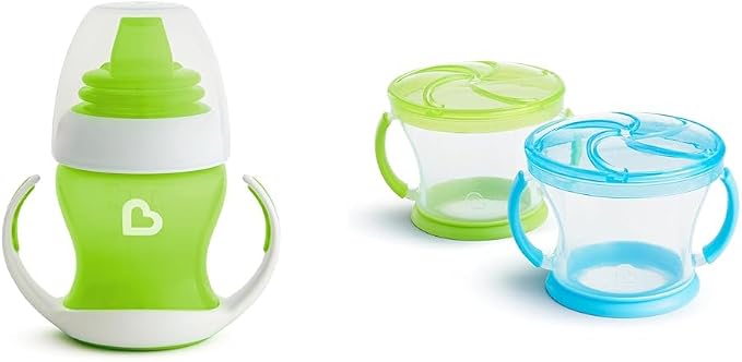 Munchkin® Gentle™ Transition Sippy Trainer Cup, 4 Ounce, Green & Snack Catcher® Toddler Snack Cups, 2 Pack, Blue/Green