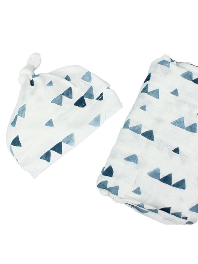 Lulujo Baby Hello World Newborn Hat and Swaddle Blanket Set, Triangle Blue