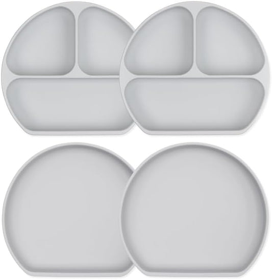 Bumkins Toddler and Baby Suction Plates, Silicone Divided Grip Dishes for Babies and Kids, Baby Led Weaning, Children Supplies, Non Skid Bottom, Platinum Silicone, 6 Months Up, Gray 4-pack