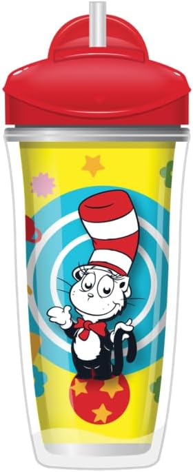 Playtex Baby Sipsters Straw Sippy Cup for 12+ Months, 9 Ounce (2 Count), Dr. Seuss Cat in the Hat Design, Insulated Toddler Water Bottle for Kids, Spill-Proof Cups for Toddlers 1-3, Stage 3