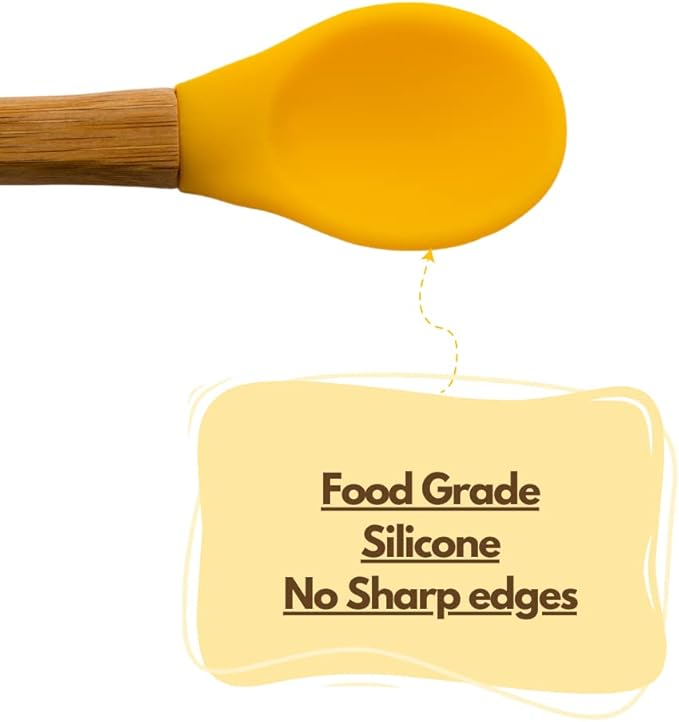 Bamboo Baby Spoons 4 PACK - Toddler Weaning Spoon - Bamboo Handle Silicone Soft Tip Spoon 5.5??Toddlers Weaning Baby Food Utensil - Mom Baby Travel Spoonset