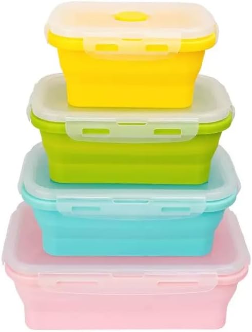 Set of 4, Collapsible Silicone Food Storage Container, Leftover Meal Box for Kitchen, Lunch Boxes with Clip-on Lid, Stackable, Space Saving, Dishwasher Safe, BPA Free